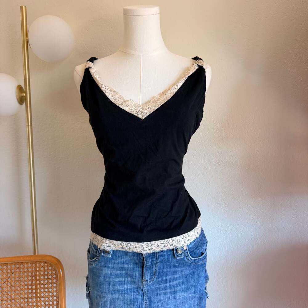 Axcess A Liz Claiborne Company Vintage Black Cotton Lace-Trim Cami Tank Top